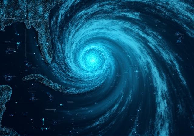 Satellite view of a storm system overlaid with data science predictive markers